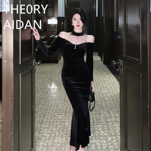 AIDAN连衣裙高级裙性感黑色长裙冬季 THE0RY 礼服丝绒女鱼尾裙子气