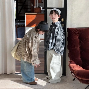 2025春季新款韩版儿童扎染格子衬衫男女童翻领后背字母毛边衬衣潮