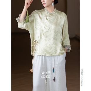 此中新中式美学定制人丝+莱赛尔+麻盘扣袖口网纱精致刺绣国风上衣