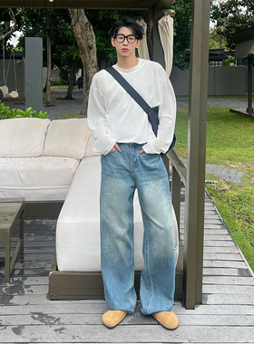 XMOB STUDIO韩版浅蓝色牛仔裤男直筒宽松水洗阔腿裤男潮流长裤