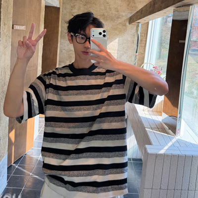 XMOB夏季潮流撞色粗条纹短袖t恤