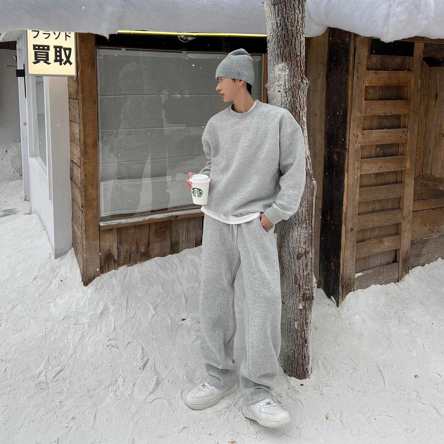 XMOB冬季灰色加绒加厚休闲卫裤