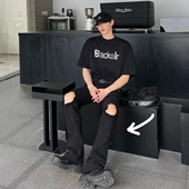 显瘦弹力牛仔破洞微喇长裤 XMOB 男 黑色破洞牛仔裤 男修身 夏季 薄款