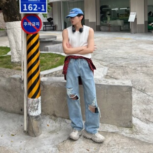 水洗破洞牛仔裤 薄款 男宽松 潮流破洞裤 XMOB 男直筒阔腿长裤 夏季