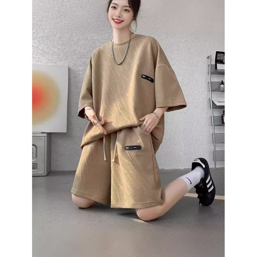 恒源祥美式cityboy休闲运动套装男高级感华夫格短袖t恤提花五分裤