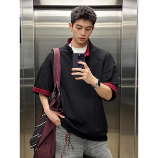 黑红拼色半拉链立领短袖男款夏季撞色拼接t恤美式高级感痞帅半袖