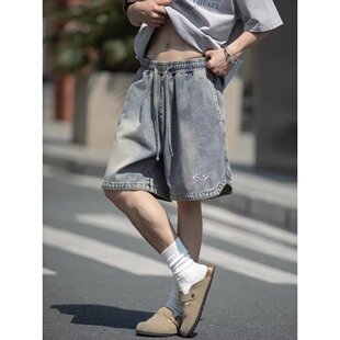 男潮牌嘻哈街头宽松阔腿五分裤 夏季 复古水洗直筒牛仔短裤 美式 新款