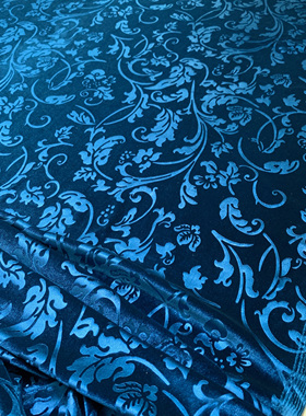孔雀蓝色压花弹力金丝绒面料不倒韩国绒立体提花感连衣裙旗袍布料