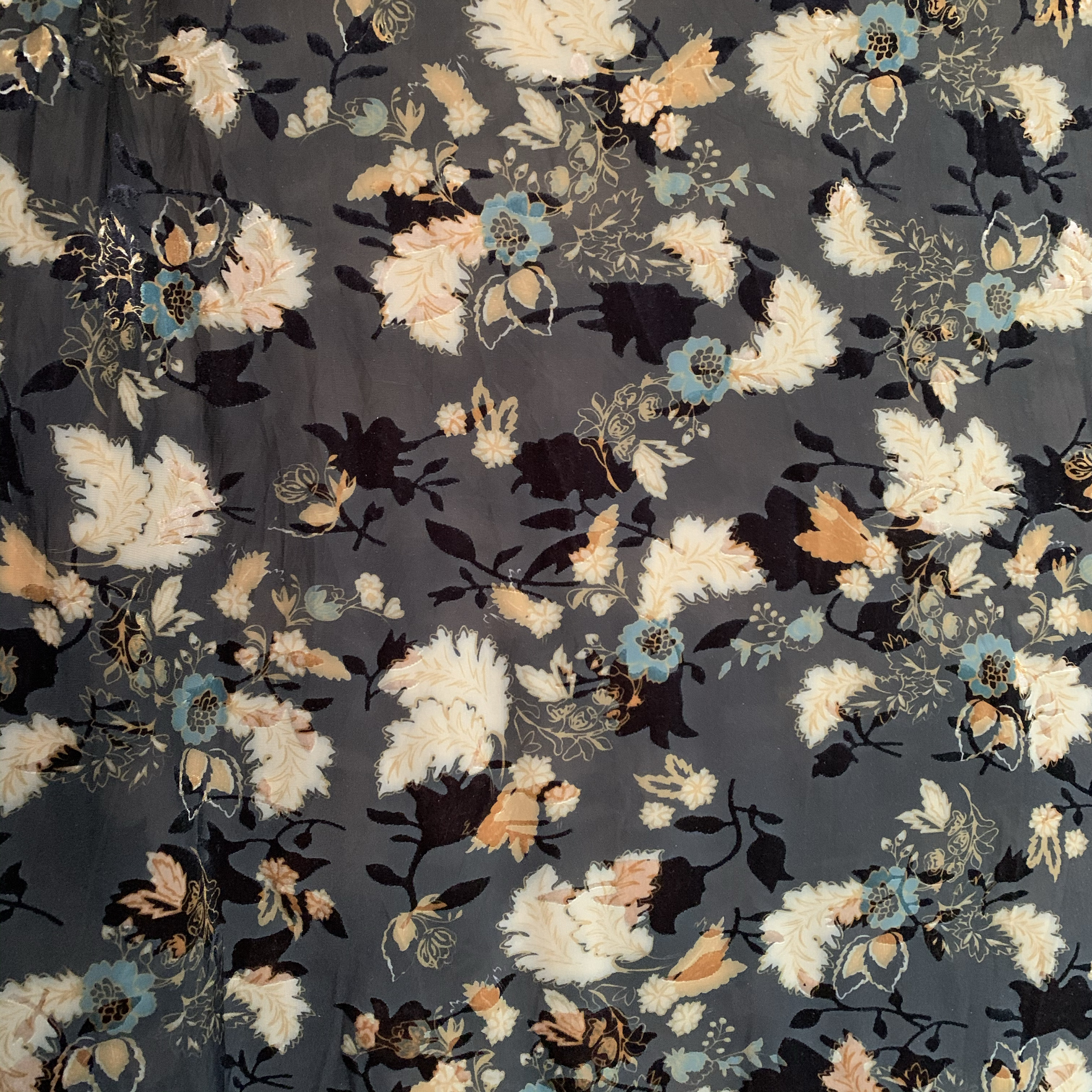 黑底烧花微透进口金丝绒布料弹力印花剪花新款植绒奢华旗袍面料