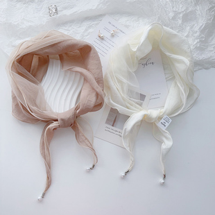 薄款 百搭拍照包头巾领巾丝巾发带 珍珠吊坠小围巾 纯色法式