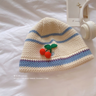 冬季甜美米樱桃毛线针织帽子女显脸小包头渔夫帽盆帽男款情侣黑色