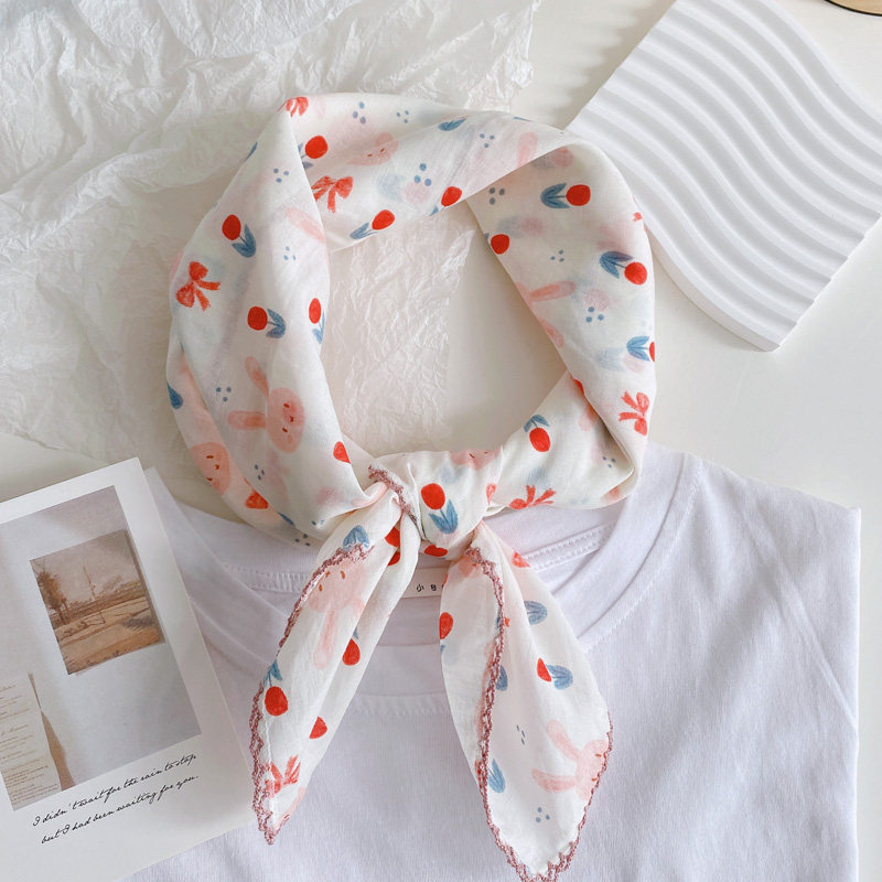 春秋甜美可爱兔子棉方巾  百搭护颈小领巾薄围巾绑发包头丝巾发带