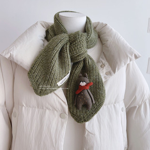 韩国小熊扣针小围巾冬季纯色毛线短款小围脖可爱少女减龄领巾学生