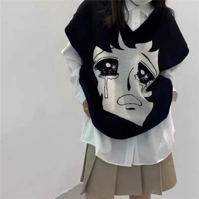 清仓 马甲娃娃脸少女哭泣图案斑马针织羊毛V领背心毛衣