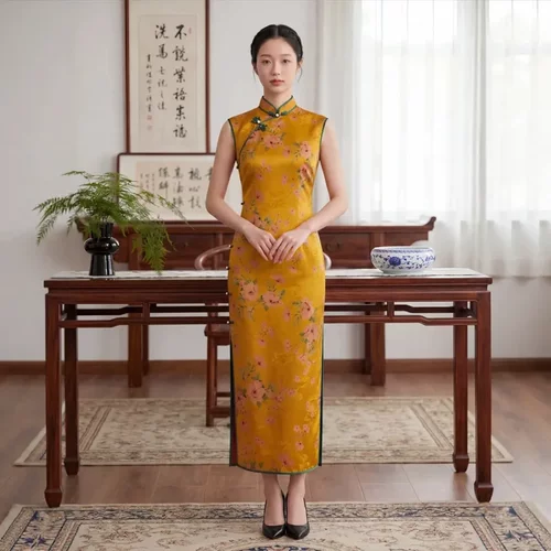 新款爆款香云纱真丝桑蚕丝复古旗袍全开襟斜襟连衣裙日常优雅旗袍