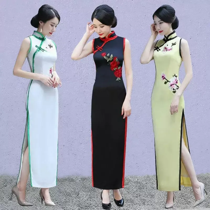 白色旗袍走秀演出服舞台长款无袖旗袍