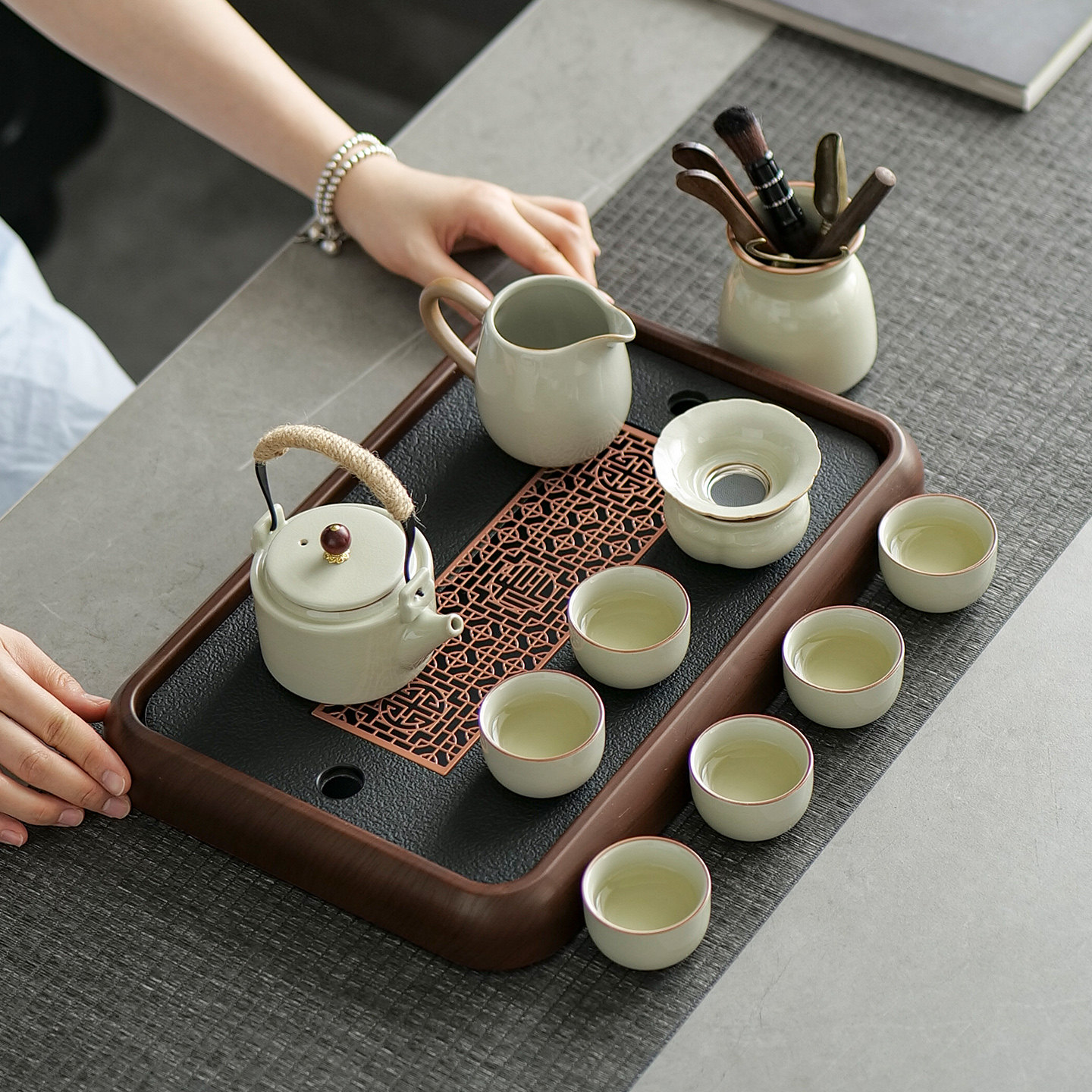 汝窑功夫茶具套组2026新款办公室会客整套茶具泡茶壶盖碗杯子套装