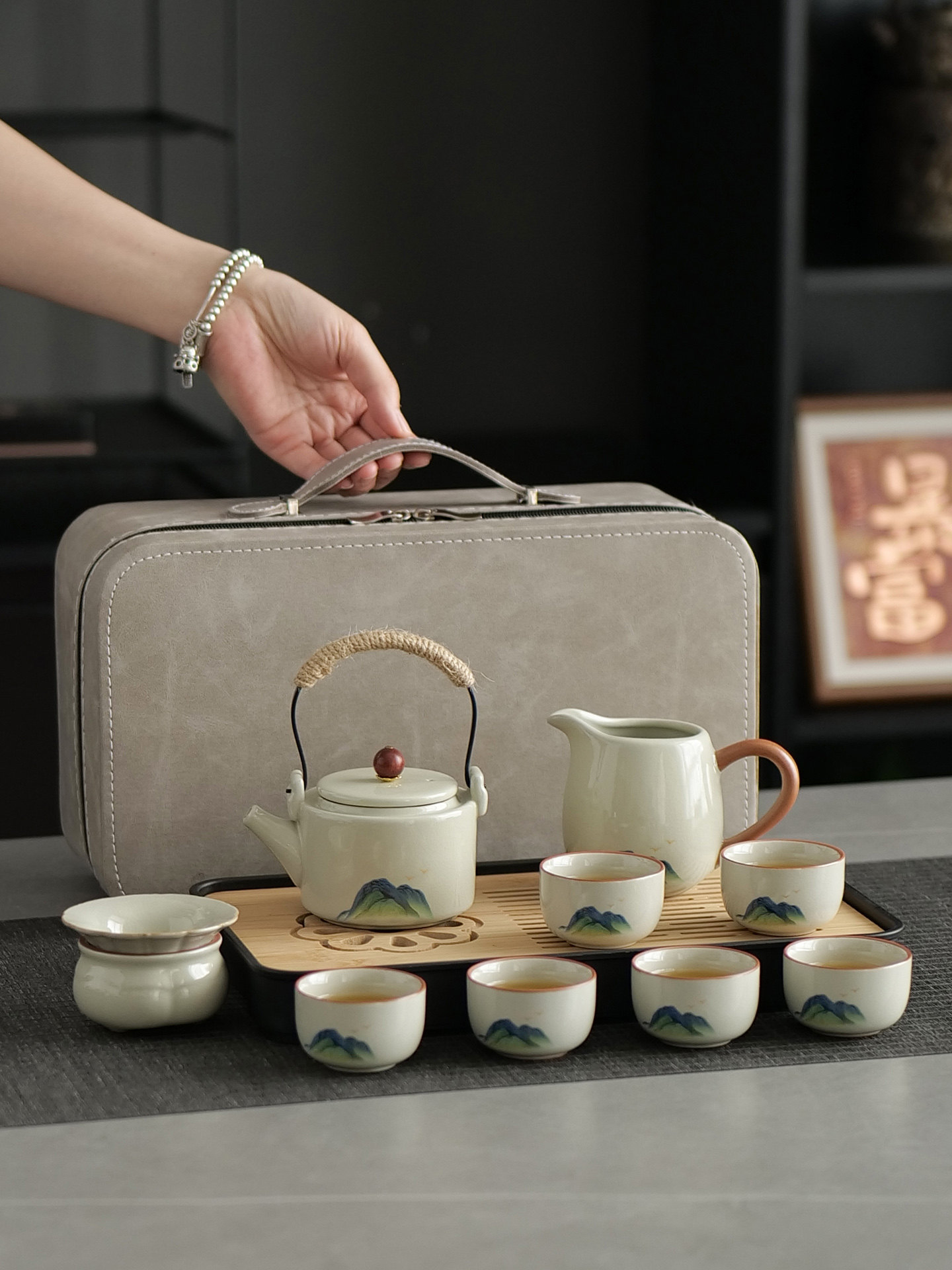 汝窑整套旅行茶具套装家用户外一壶六杯车载便携式功夫茶盘茶杯壶
