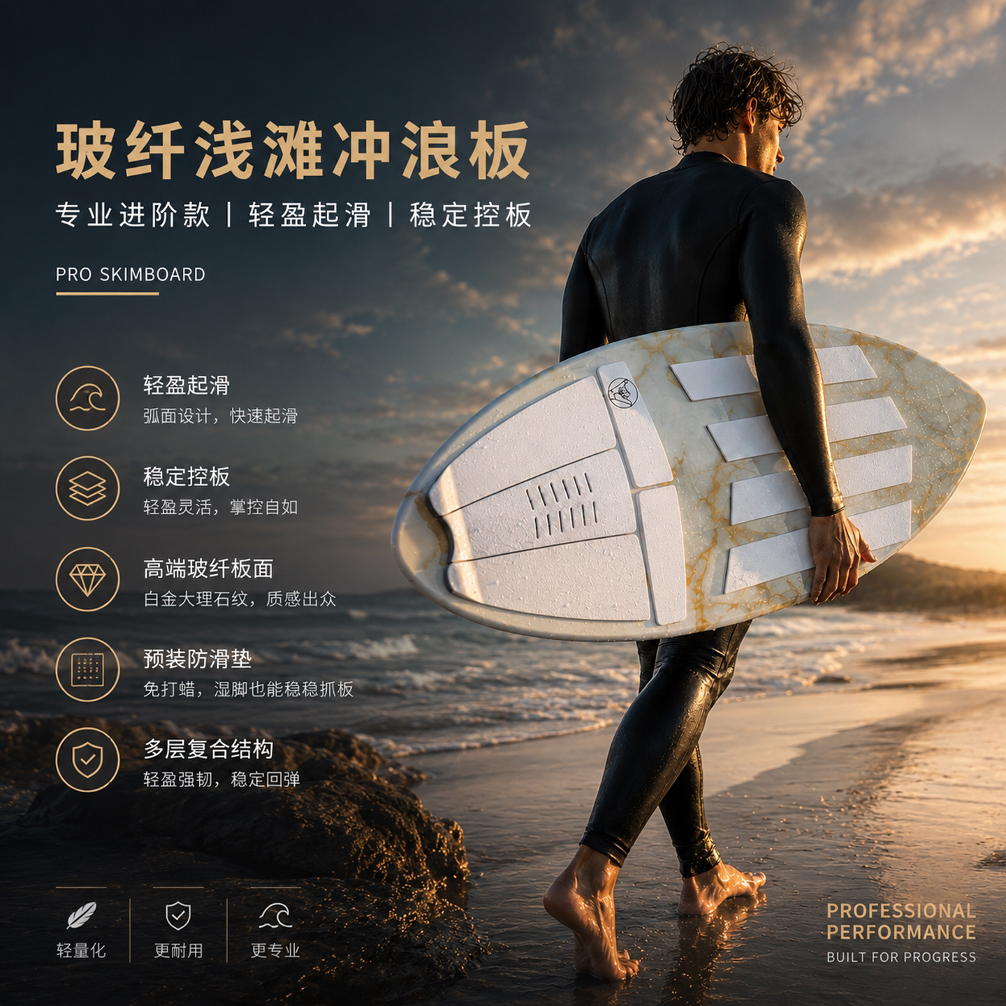 浅滩冲浪板skimboard儿童成人初学专业木制玻纤滑水板防滑沙滩板
