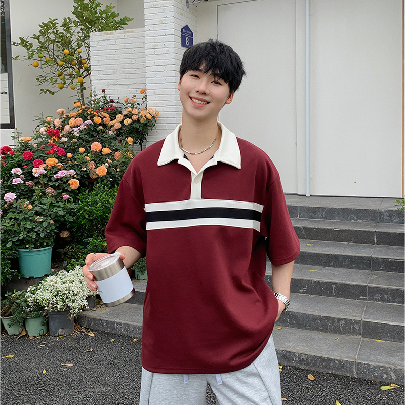HLDS一轩轩春夏季美式潮牌条纹拼接色Polo衫男生宽松T恤翻领短袖