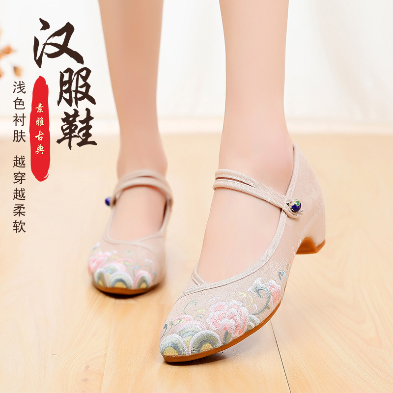 老北京布鞋绣女花鞋夏季方跟舞蹈单鞋民族风汉服鞋子古风汉元素鞋