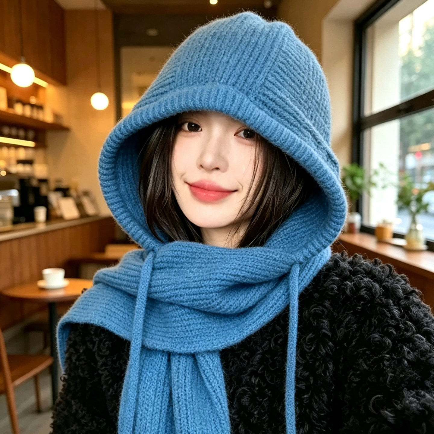 蓝色巴拉克拉法帽女款冬季大头围护耳保暖毛线帽针织帽子围巾一体