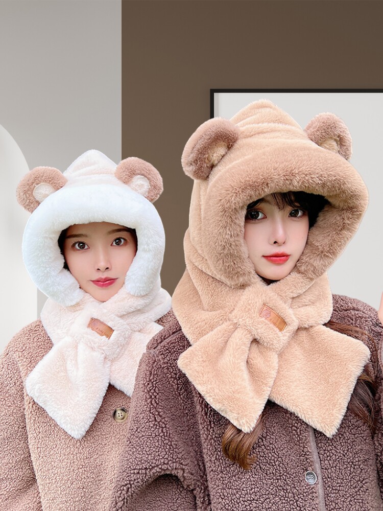 귀여운 곰 모자와 스카프 올인원 여성 겨울 한국 스타일 다목적 두껍고 따뜻한 승마 전기 자동차 귀 보호 스카프