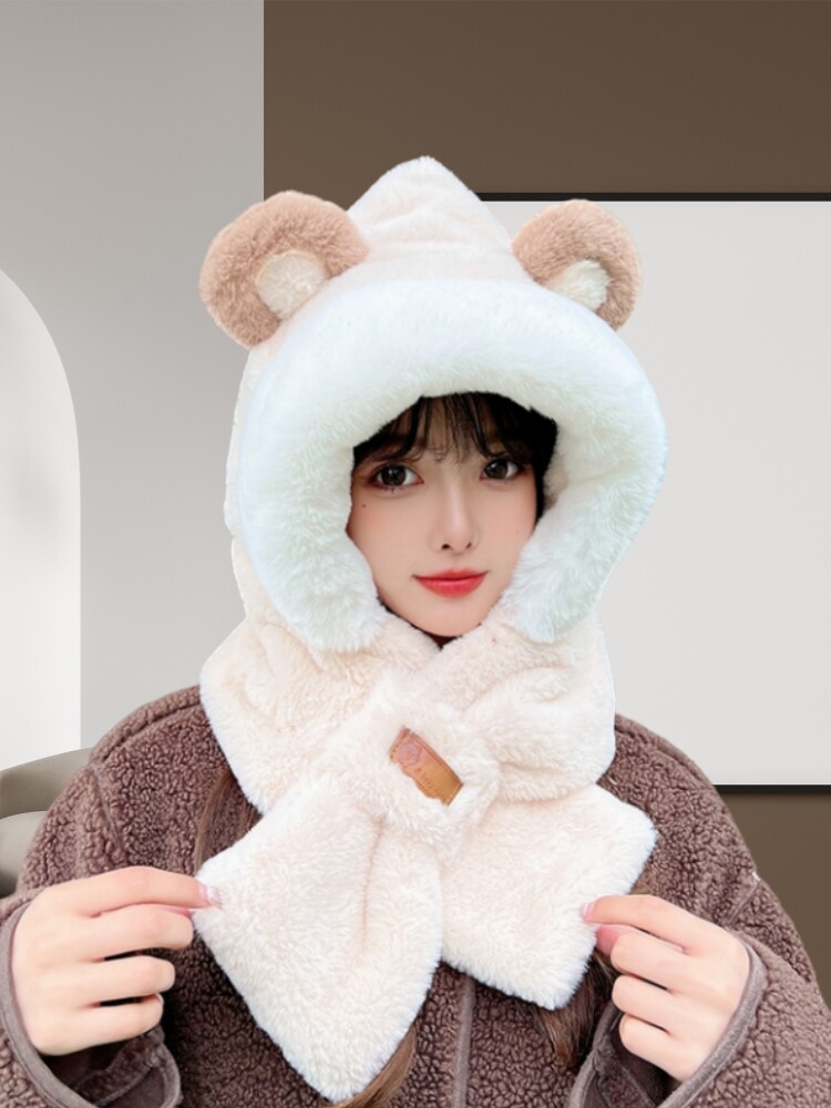 귀여운 곰 모자와 스카프 올인원 여성 겨울 한국 스타일 다목적 두껍고 따뜻한 승마 전기 자동차 귀 보호 스카프