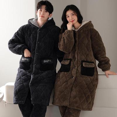 情侣睡袍加裤子冬季加绒加厚三层夹棉袄珊瑚绒加长款男女睡衣套装