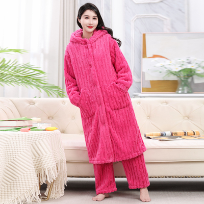 珊瑚绒睡袍加裤子女款加绒加厚