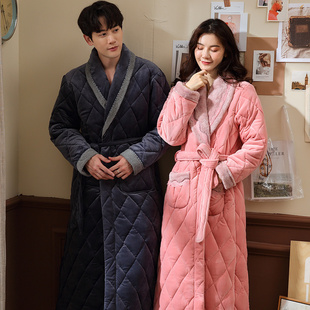 情侣睡袍冬季加绒加厚三层夹棉袄珊瑚绒加长款可外穿男士女士浴袍