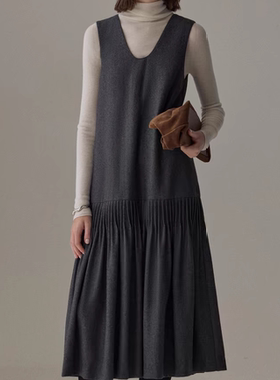 芮时 手工塔克褶羊毛混色V领无袖背心裙A字显瘦连衣裙女冬