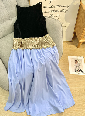 KO 油画配色 一字领拼色大摆裙 薄丝绒醋酸三段式拼接连衣裙KIA