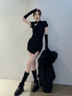 莲的女特工时尚性感中式小高领镂空包身针织连衣裙带袖套腿套百万