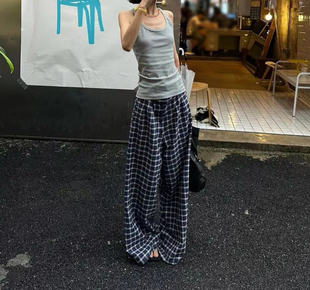 赵露思同款格子宽松阔腿中低腰休闲裤美式长裤高级感夏裤夏天裤子