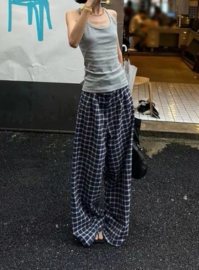 赵露思同款格子宽松阔腿中低腰休闲裤美式长裤高级感夏裤夏天裤子