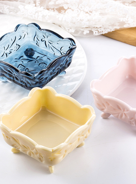 复古蓝刻花葡萄玻璃四方碗 首饰收纳干果碗冰淇淋碗 肥皂盒摆件