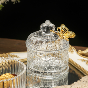 欧式 轻奢玻璃糖果罐创意蝴蝶收纳储物罐棉签首饰盒糖缸带盖方糖罐