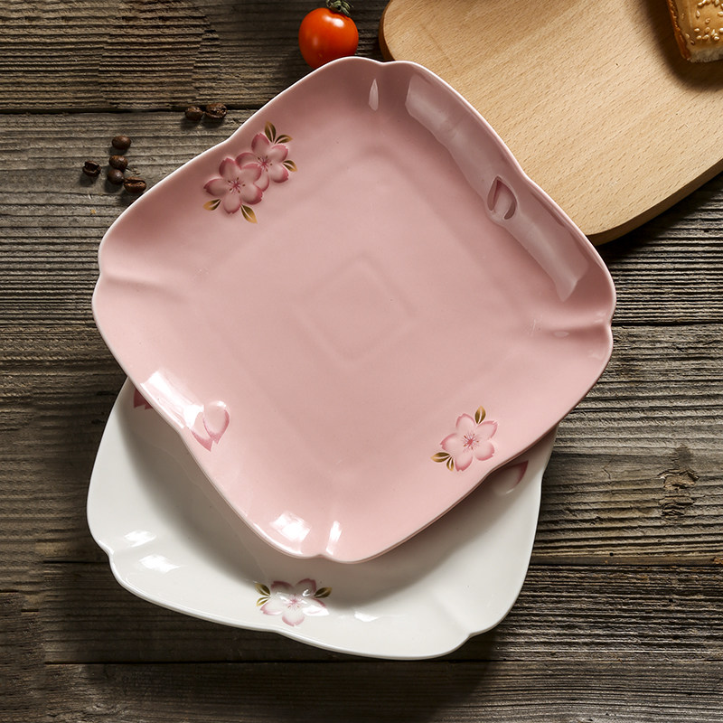 樱花浮雕正方形西餐盘 四方牛排盘 早餐点心盘子小吃水果糕点平盘