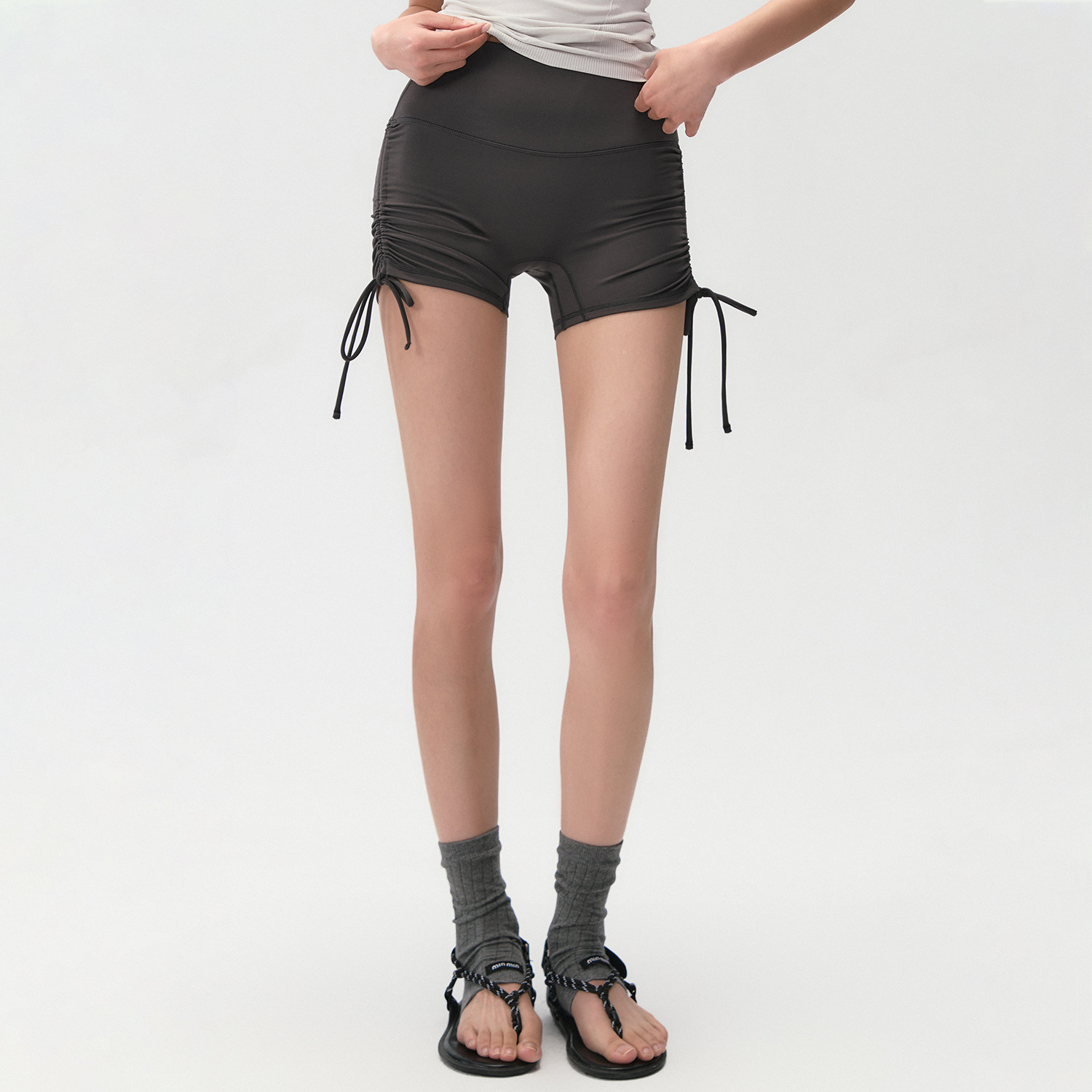 高腰健身裤女抽绳可调节提臀显瘦紧身跑步运动瑜伽服三分短裤夏季