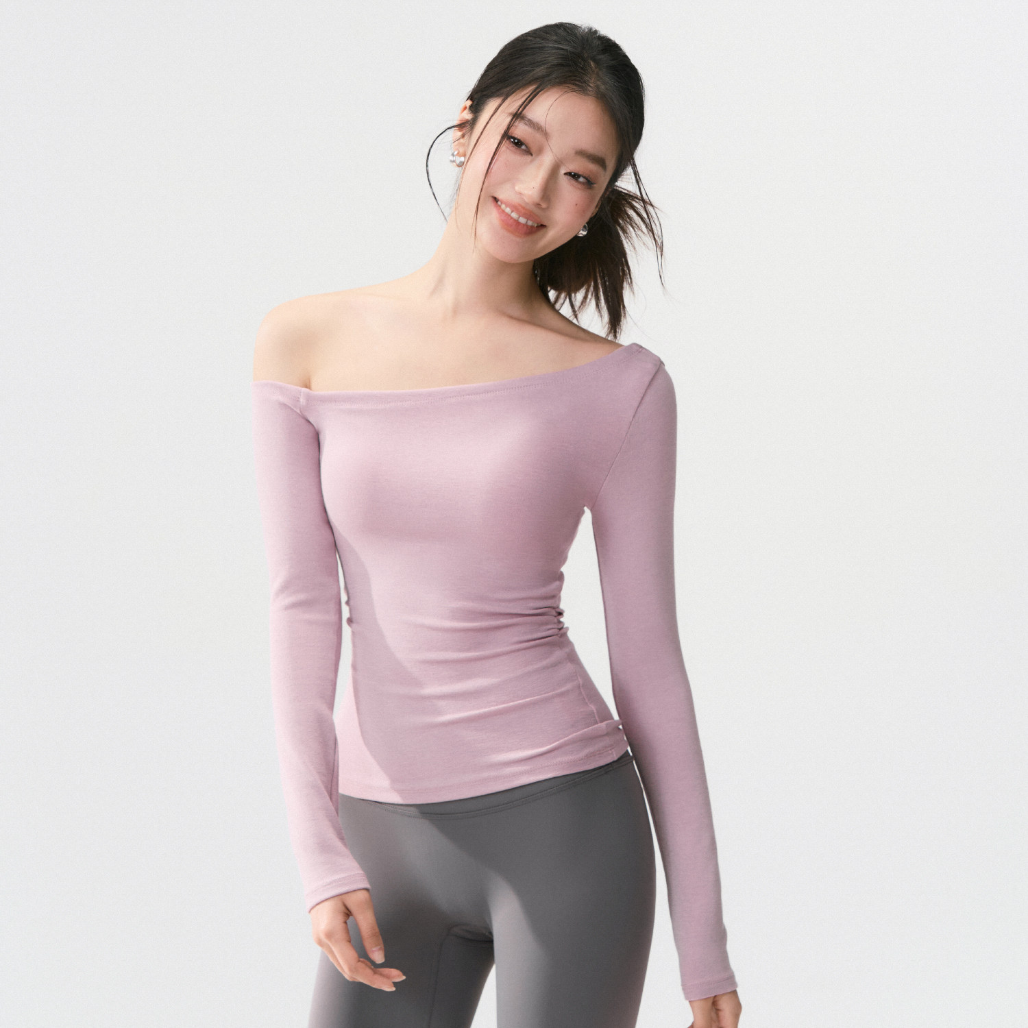 瑜伽上衣斜肩修身显瘦天鹅颈普拉提训练服套装跑步运动健身长袖女