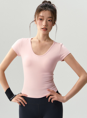 瑜伽短袖女紧身U领高弹速干修身跑步运动t恤普拉提训练服健身上衣