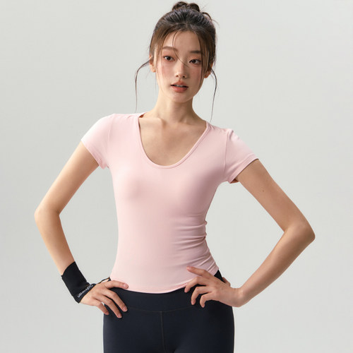 修身紧身粉色运动短袖健身服女