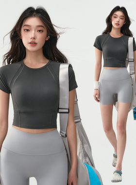 运动短袖女春夏紧身跑步健身速干短款t恤普拉提训练服瑜伽服上衣