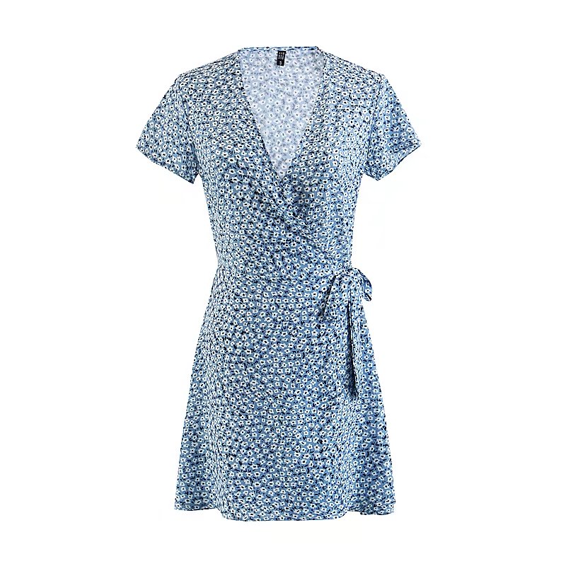 Europe and America 2018 summer new pattern Self cultivation Show thin printing overlapping V-neck Frenum Short sleeved Dress Short skirtin the Women's clothing/Boutique , Dress  category - from Buy2taobao.com to provide professional Taobao agent buy service