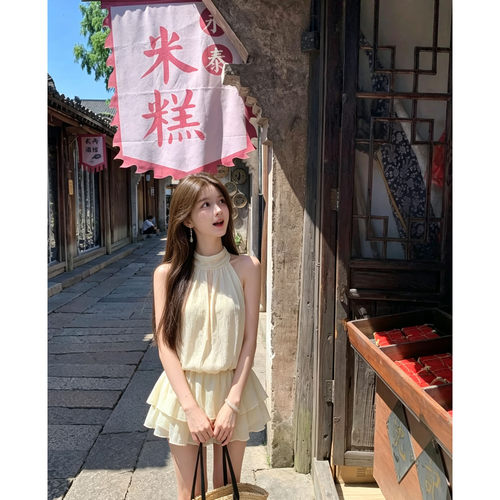 法式挂脖无袖荷叶边小个子连衣裙