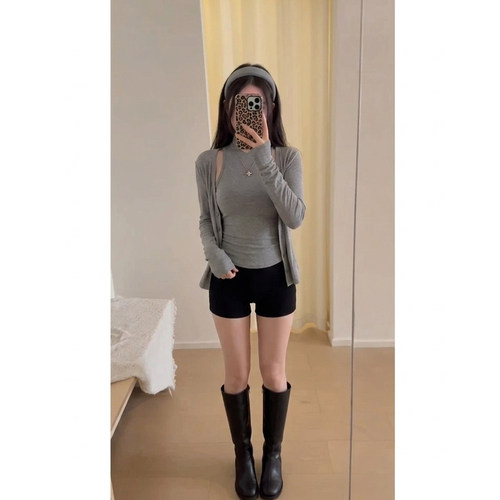 秋季纯欲半高领显瘦背心开衫套装