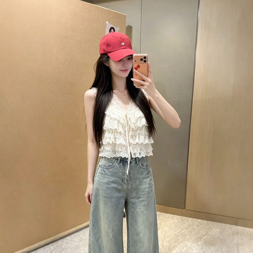 法式蕾丝荷叶边短款吊带背心女夏