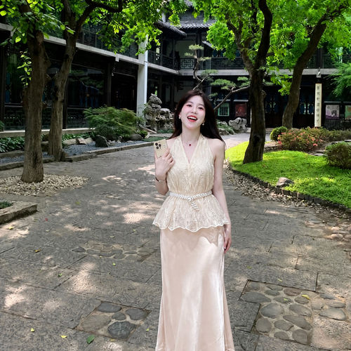 夏季缎面半身裙无袖上衣女套装