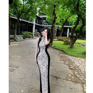 时尚复古蕾丝拼接修身显瘦包臀连衣裙女夏款收腰中长款气质旗袍裙